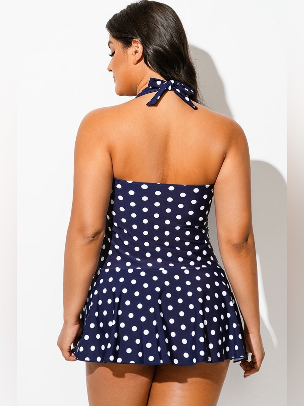 Navy Halter Sweetheart Polka Dot Sexy Swimdress - Picture 2 of 5
